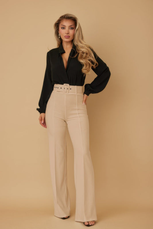 High Waist Pants With Buckle Belt - Beige